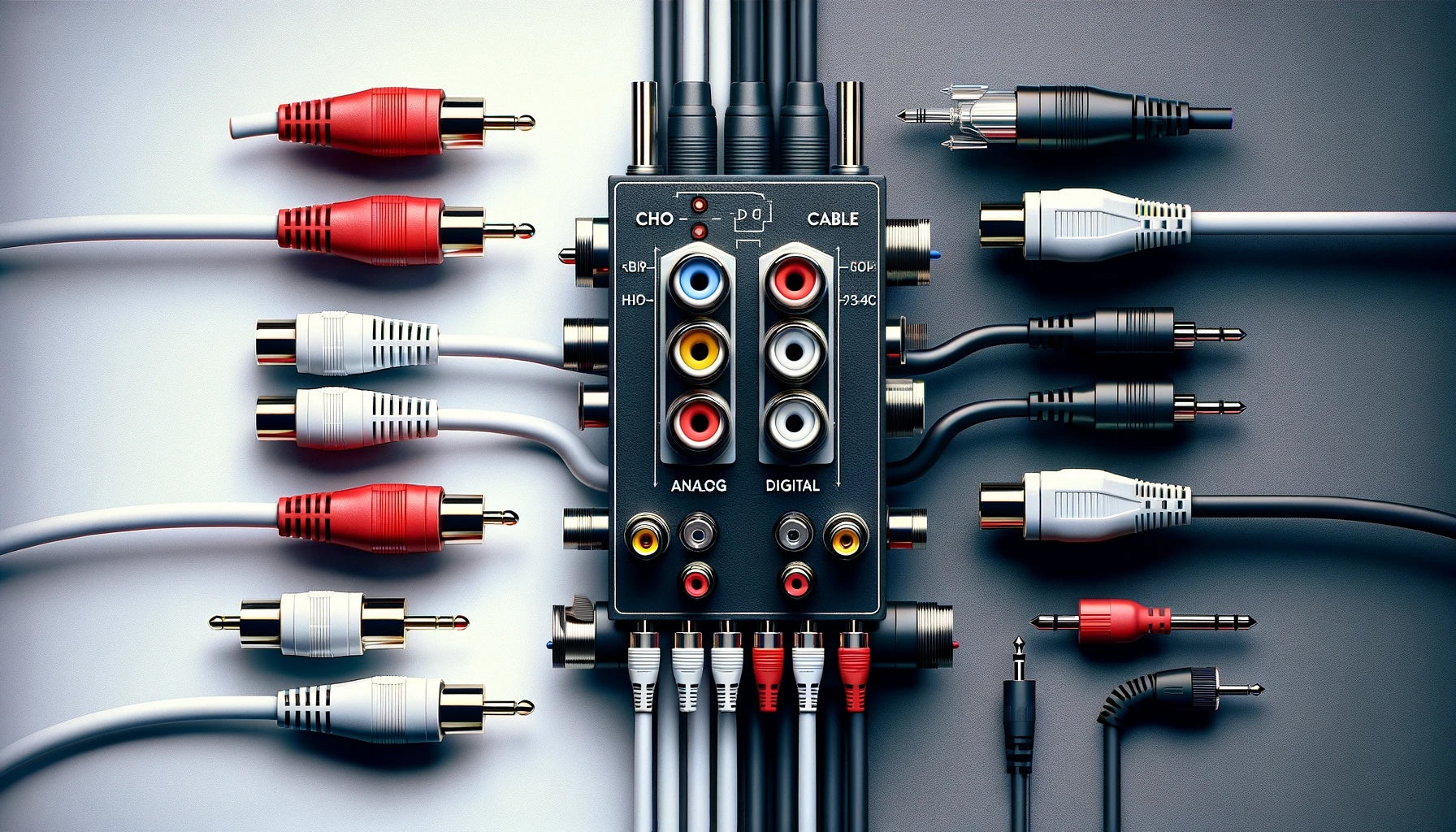 Fotorealistische Darstellung eines Vergleichs zwischen Cinch- und Koaxialkabeln, illustriert durch Cinch-Kabel mit roten und weißen Steckern an einem Audio-Gerät für analoge Signale und ein Koaxialkabel, angeschlossen an einen digitalen Empfänger