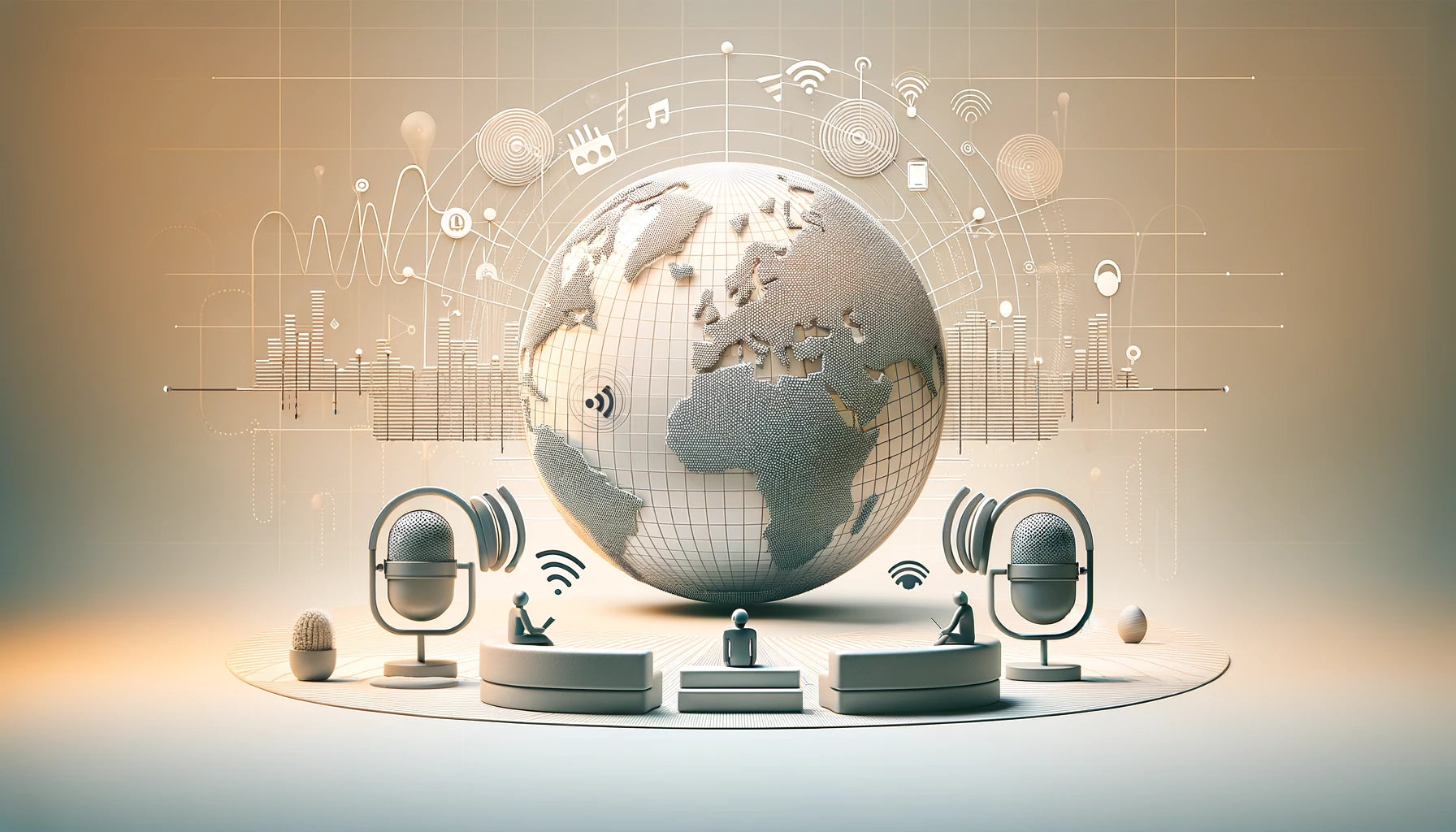 Minimalistisches Bild von globalem Radio- und Podcast-Streaming mit Kopfhörern und Wellenformen.
