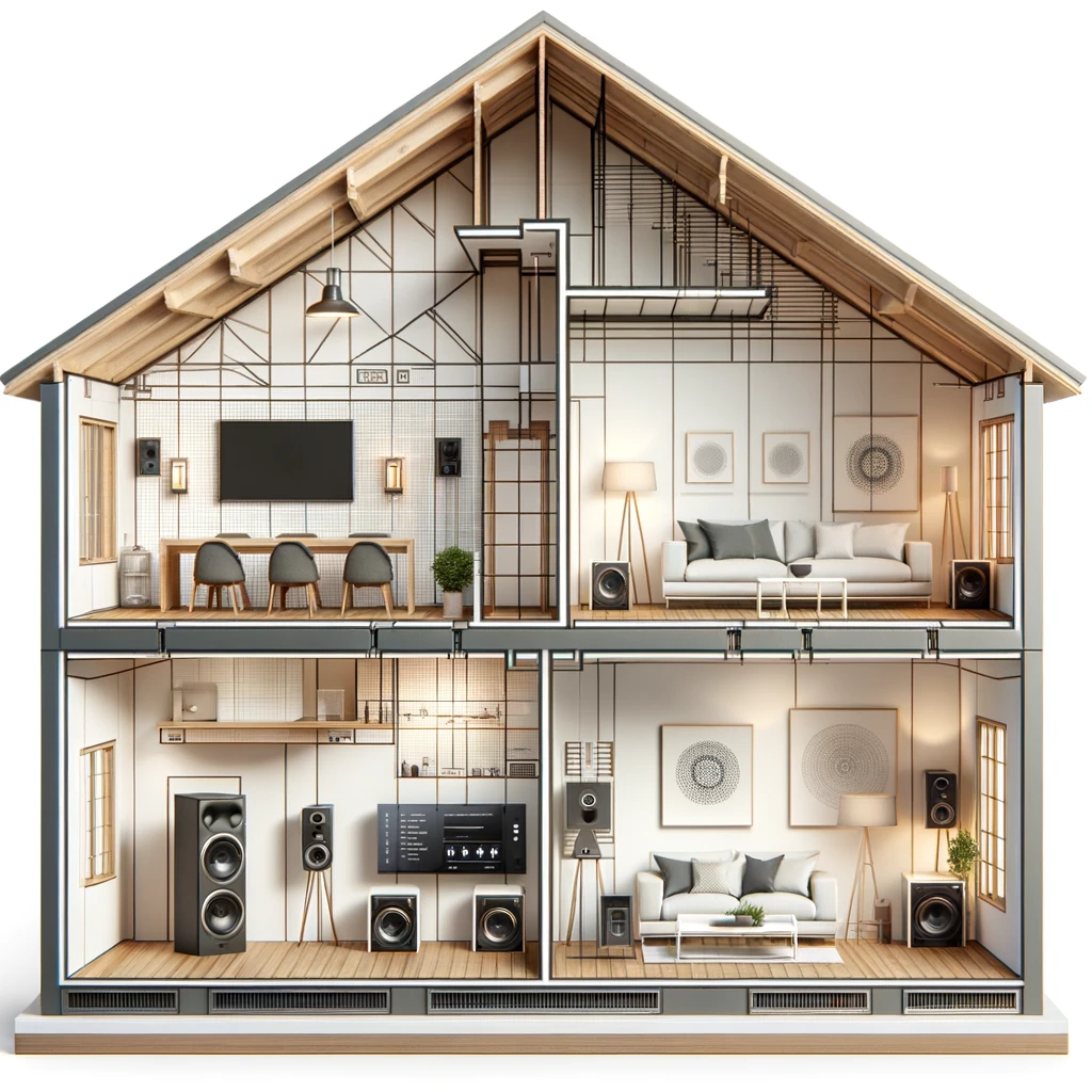 Was ist ein Multiroom-Soundsystem? Ein Querschnitt eines modernen zweistöckigen Hauses zeigt ein detailliert eingerichtetes Interieur mit einem Wohnzimmer, Küche, Schlafzimmer und Badezimmer. Im Wohnzimmer stehen große Lautsprecher