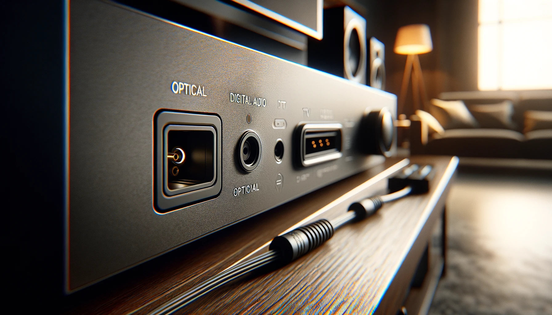 Optischer digitaler Audioausgang im Detail, zentraler Fokus in einer modernen Heimkino-Anlage, 16:9 Format