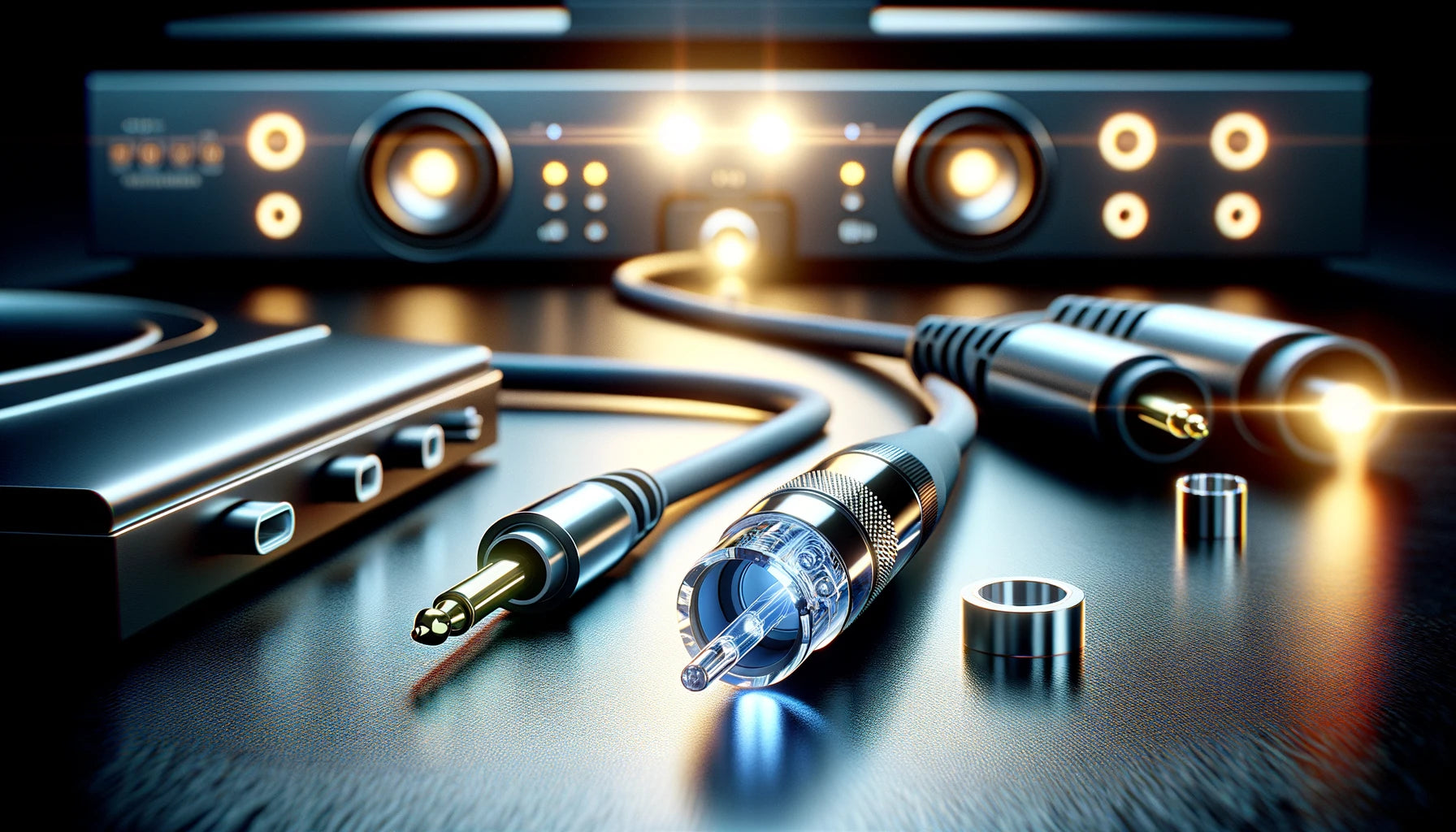 Detailansicht eines optischen Audiokabels, das Lichtsignale in einem hochwertigen Heimkino-Setup überträgt, 16:9 Format