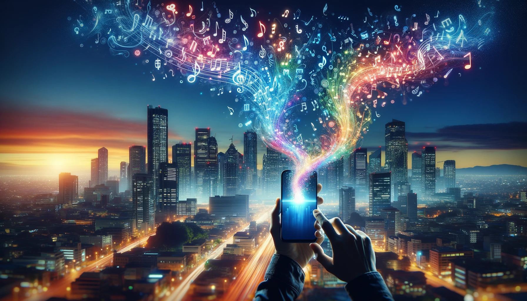 Person hält Smartphone in urbaner Umgebung bei Dämmerung, aus dem farbenfrohe Musiknoten fließen, symbolisch für Musikstreaming-Technologi