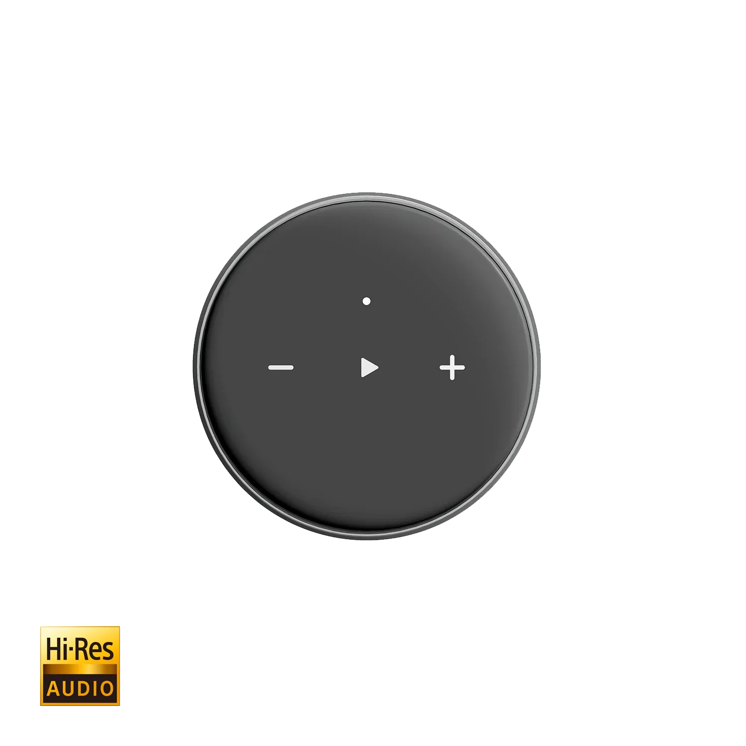 Das Bild zeigt einen WiiM Mini, ein rundes, kompaktes High-Resolution-Audio-Streaming-Gerät in einem glänzenden Schwarz mit berührungsempfindlichen Bedienelementen für Wiedergabe und Lautstärkeregelung auf der Oberseite.  Links unten ist ein Label für Hi-Res AUDIO in gelber Schrift sichtbar. Der Hintergrund ist transparent.